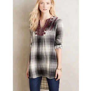 Anthropologie Floreat Black & White Plaid Embroidered High Low Tunic XS